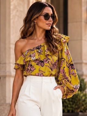 ZARA Accessories 100% Cotton Floral Ruffle One Shoulder Blouse Yellow Pink  S